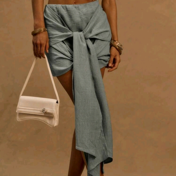 Drape Double Tie Knot Detail Fitted Mini Skirt Linen Look